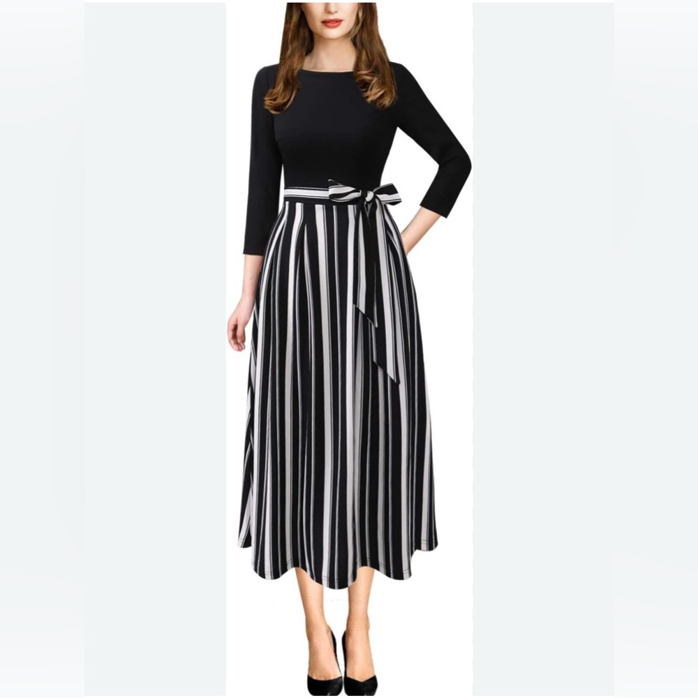 Amazon Black and White Pleated Tie Front Dress